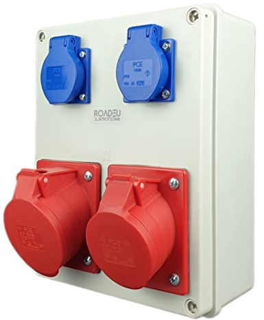 RoadEu - Quadro Elettrico Distributore di corrente 32A, presa CEE 5P 16A con 2X 230V Schuko. Distributore di corrente da parete 32A, PCE. Scatola di distribuzione montata in superficie.