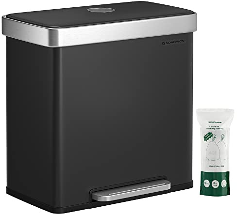 SONGMICS Kitchen Bin, 2 x 30L Stainless Steel Pedal Rubbish Bin with 15 Trash Bags, Recycling and Waste, with Plastic Inner Buckets, Lid, Soft Closure, 58.2 x 31.5 x 60.5 cm, Black LTB202B01