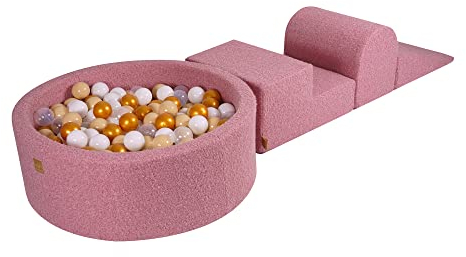MEOWBABY Softes Schaumstoff-Kletter-Spieltset mit Bällebad 90 x 30cm für Babys und Kleinkinder - Baby-Laufstall & Spielzimmer Essential, Indoor Bällebad, Boucle, Rosa: Gold/Beige/Weiß/Transparent