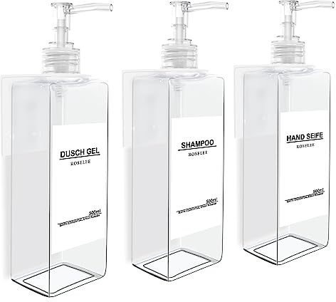 Roselee 3er Seifenspender Wandbefestigung Set, Seifenspender Dusche Ohne Bohren 500ml Seifenspender Wandmontage Transparent Shampoo Spender mit Trichter und Wasserdichten Etiketten für Küche Bad