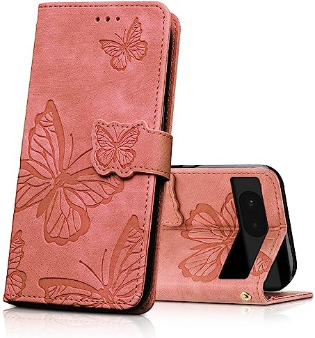 CXTCASE Handyhülle für Google Pixel 6a - PU Leder Magnetische Schmetterlings Lederhülle Flip Case Schutzhülle Tasche, Rosa