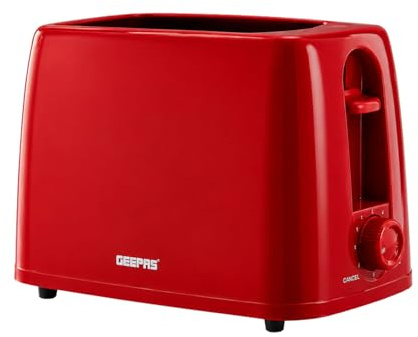 GEEPAS 2 Slice Toaster 6 Browning Levels Cancel Function 650W Red | For Thin Small Bread Slice, Removable Crumb Tray, Cool Touch, High Lift, Space-Saving Design, Cord Storage, Auto Shut-off