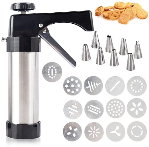 Bubuny Presse à Pâtisserie, Professionnelle a Patisserie Aciers Inoxydables Machine à Biscuits, Presse à Biscuits en Acier Inoxydable avec 8 pochoirs, 8 Douilles, Accessoires de pâtisserie DIY