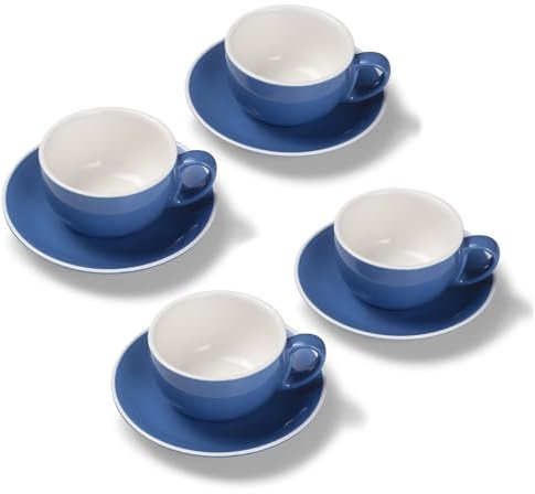 Terra Home 4er Milchkaffee-Tassen Set - Blau, 350 ml, Glossy, Porzellan, Dickwandig, Spülmaschinenfest, italienisches Design - Kaffee-Tassen Set mit Untertassen