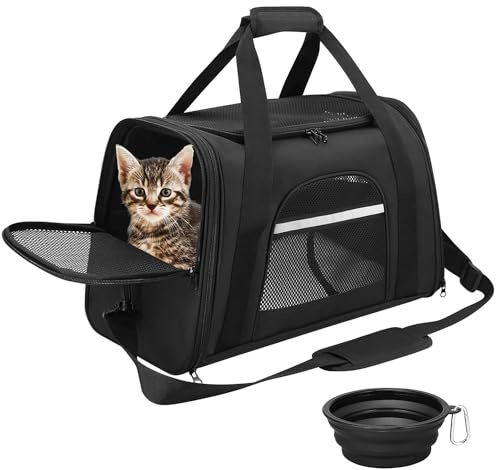 SHJOEE Transportín para Gatos y Perros Bolsa Transporte Transpirable para Mascota Plegable Portador de Viaje con Correa de Hombro Ajustable Transporte de Gato con Colchón Suav Tazón Plegable (Negro)
