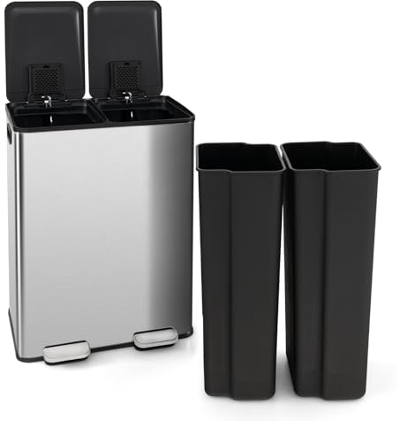 GOPLUS - Papelera para casa con 2 compartimentos de 30 L, con apertura suave y cierre lento, compartimento ambientador integrado y marco resistente a huellas dactilares, plata (2 x 30 L)
