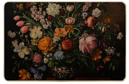 Vintage Floral Door Mat Elegant Luxury Victorian Botanical Shabby Oil Painting Black Linen Rubber Inside Decorations Patio Flooring Dirt Trapping entryway Home Camping Pool Welcome mat 17x29 Inch