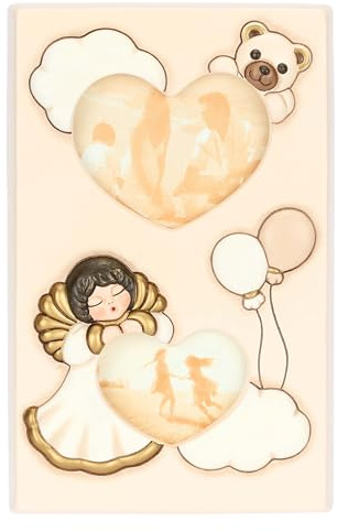 THUN, Portafoto Doppio con Cuore in Ceramica Decorata a Mano, Linea Baby, 20 x 30.5 cm