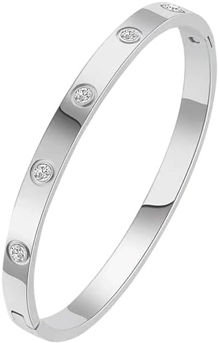 Heyjoin Women's Stainless Steel Bracelet Crystal Oval Bangle Round Bracelets (Crystal Silver)