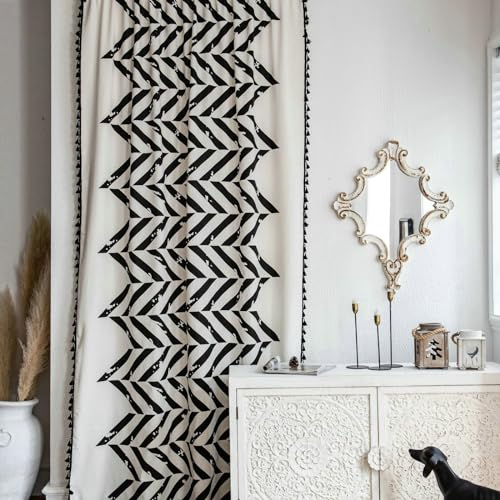 Bishilin Vorhänge mit Haken Halbtransparent 150x260CM, Gardinen Schwarz Weiß Baumwolle 2er Set Bedruckt mit Geometrie Motiv Wohnzimmer Küche Gardinen Lichtdurchlässig