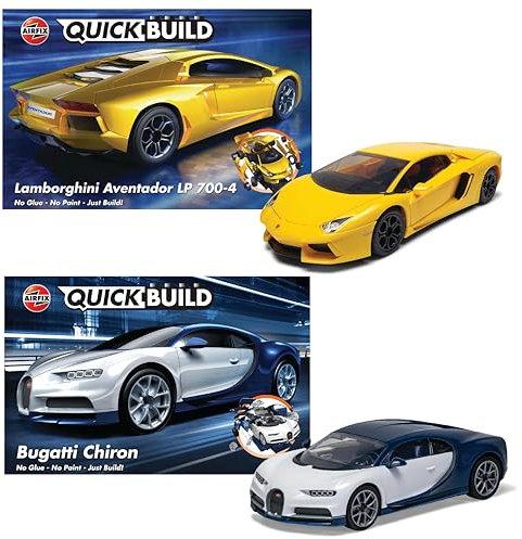 Airfix QUICKBUILD Lamborghini Aventador White & Bugatti Chiron Car Model Kits - Construction Toys for Boys & Girls 6+ - Model Car Starter Kit for Kids - Easy Build Model Vehicle with No Glue