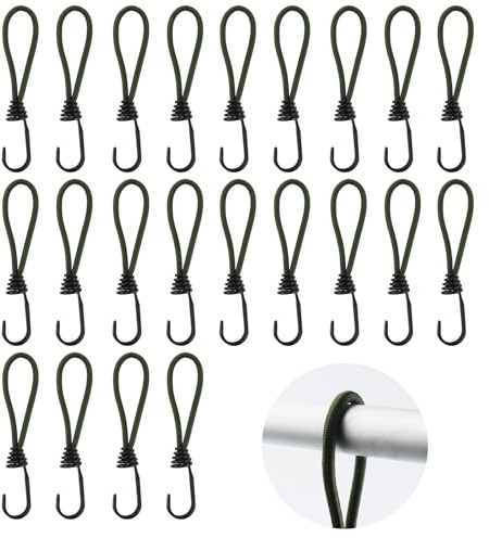 Lot de 22 tendeurs élastiques courts avec crochets (6 mm d'épaisseur), petits tendeurs avec crochets, boucles élastiques avec crochets en métal, pour bâche, tente, camping, fixation (vert kaki)