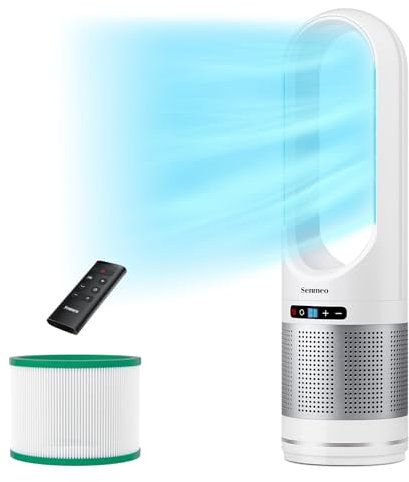 Senmeo 32 Bladeless Tower Fan with Air Purifier, Bladeless Fan with Remote, HEPA Filter for 99.7% Smoke Dust Dander, 8 Speeds, 90° Oscillation, 8H Timer, LED Display, Air Purifier Fan for Home