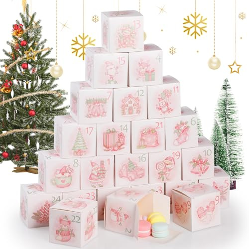 Hianjoo 24 Adventskalender zum Befüllen, 24x Geschenkbox Weihnachten Klein, Weihnachtskalender Boxen zum Selber Basteln, Adventskalender Selber Basteln - Rosa