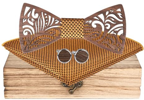 Mr.Van Set di Papillon in Legno per Uomo - Fatto a Mano, Misura Regolabile, Stile Classico - Scatola di Legno con Gemelli e Fazzoletto per Feste di Matrimonio