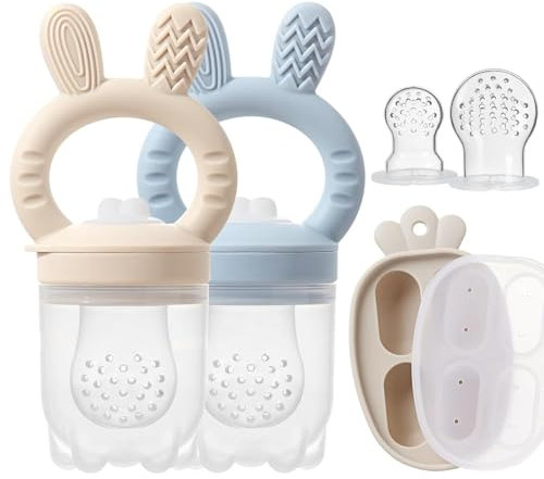 Paquete de 3 comederos de silicona para frutas para bebés con bandeja para congelador, moldes de paletas para alimentos frescos y congelados para alivio de la dentición, incluye bolsas de alimentos