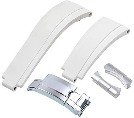 KGFCE Für Rolex-Uhrenarmband aus Gummi, 20 mm, 21 mm, mit silberner Schnalle und Bogengelenken(White,20mm)