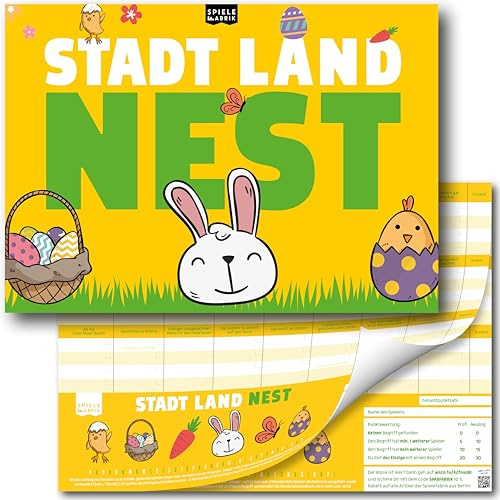 Spielefabrik Stadt Land Fluss Ostern Geschenk Nest Lustiges Familienspiel Quiz Hase Der Spielblock A4 mit 24 Oster-Kategorien als Ostergeschenk für Kinder, Teenager und Erwachsene | 50 Blatt