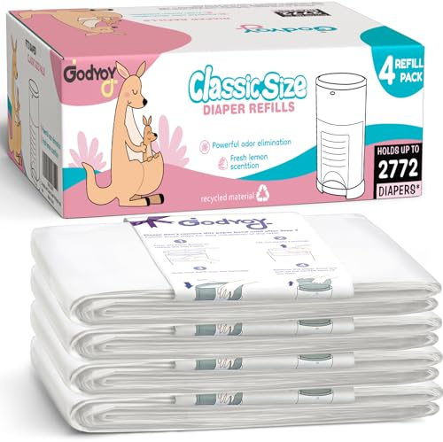 Bolsas de repuesto para cubo de pañales compatibles con recambios DEKOR CLASSIC para cubetas de pañales, paquete de 4 forros extra de 20% de longitud para 2772 pañales, 30% de grosor extra, control de