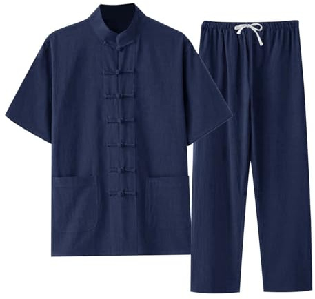 Hommes Chinoise Traditionnelle Kung Fu Vêtements Coton Linge de Linge Chun Vêtements Travaux à Manches Courtes Hanfu Jacket Chemises Ensemble 2 Pièces pour Homme Costume