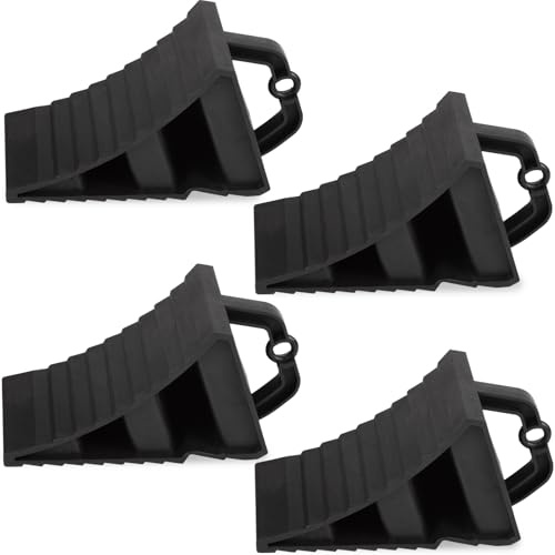 GAsupply Wheel Chocks With Handles Set of 4 Tyre Saver Brake Stoppers Ridged Wedges for Cars Caravan Horsebox Motorhome (4 Black Wheel Chocks)