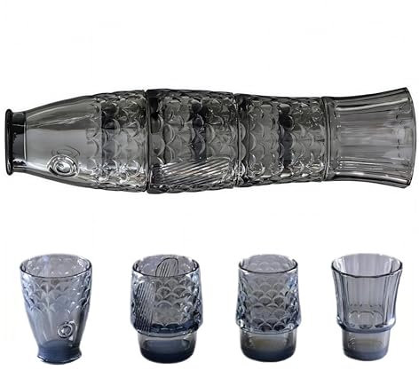 EVIYI Creative Set di 4 bicchieri impilabili a forma di pesce, design in cristallo, capacità 210-280 ml, colore grigio