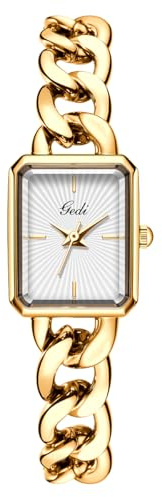 CARLIEN Womens Small Luxury Fashion Rectangular Chain Bracelet Quartz Watch Ladies Stainless Steel Band Dress Wristwatch Gold Silver (Gold White)