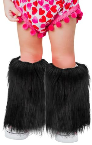NICEYEA Calentadores de piernas peludos de piel sintética para niños, puños largos y peludos, para botas de invierno, para fiestas, Halloween, cosplay, accesorio de disfraz, Negro, 25cm