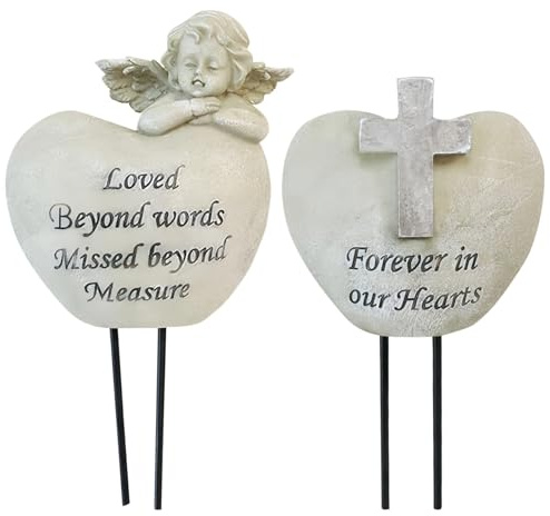 Cemetery Angel Grave Vases, For Loved Ones Engraved Sentiments, Heart-Shaped Resin Design With Angel Statue, Memorial Garden Decoration, Includes Ground Stake, Pair