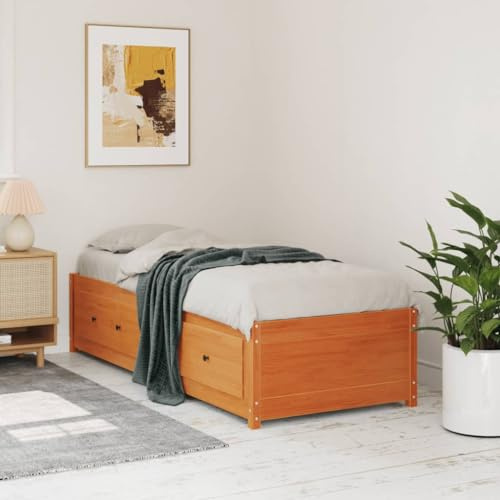 Teenpull Önbädd, massivt trä, furu, 90 x 190 cm vaxbrun, robust sängram med förvaringslådor, mångsidig enkelsäng och soffa, perfekt gästsäng för sovrum vardagsrum