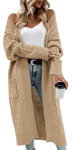 Saodimallsu Cardigan long en tricot épais pour femme, ample, léger, élégant, décontracté, uni, ouvert sur le devant, avec poches, kaki, S