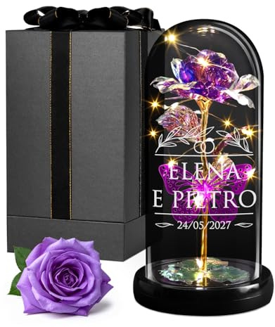 Maverton Rose Eternelle sous Cloche LED avec Gravure | Rose Immortelle avec Éclairage LED, Idee Cadeau Couple, Cadeau Personnalisé Amour pour Amis Saint-Valentin Mariage, prénoms