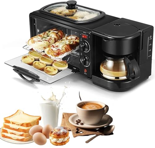 Multifunctional Breakfast Maker Machine 1050W Electric 3-In-1 Breakfast Station with Coffee Maker 100-230° Temperature Control & 30min Timing 9L Multifunctional Countertop Mini Oven for Kitchen