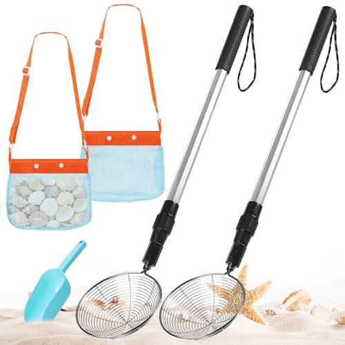 Agolctry Paquete de 2 tamices de arena para pala de concha de playa con bolsa de conchas marinas y pala de arena ajustable para dientes de tiburón, herramientas para recoger conchas marinas en la