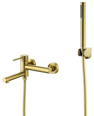 Techzm Wall Mounted Bath Shower Mixer Tap for Exposed Installation 2-Function Bathtub Faucet with Swivel Tub Filler Spout Brushed Gold