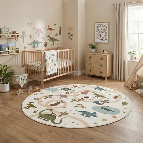 Carpetsale24 Kinderteppich Dinosaurier Spielteppich rund 120 cm für Kinderzimmer in Creme Dino Motiv ideal für kleine Spielecken