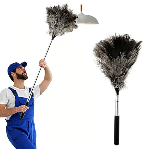 Ostrich Feather Duster 116 cm Feather Duster, Long Telescoping Ostrich Feather Dusters with Stainless Steel, Soft & Fluffy Feather Duster for High Ceilings, Fans, Walls, Furniture, Home Dusting