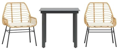 HETFTJN 3-TLG. Garten-Essgruppe 80 cm Glastisch & 2 Poly-Rattan-Stühle mit cremeweißen Kissen, wetterfestes Balkonmöbel-Set, Robustes Design für kleine Balkone, Terrasse und Wintergarten