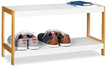 Relaxdays skohylla med hyllplan, robust skoförvaring, av bambu & MDF, 36,5 x 70 x 26 cm, vit/natur