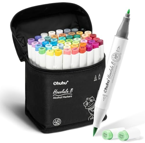 Ohuhu Pennarelli ad Alcool 48 Colori, Pennarelli da Disegno Doppia Punta (Pennello e Punta Fine) per Bambini, Pennarelli per Artisti Adulti Colorazione e Illustrazione, 1 Miscelatore Omaggio