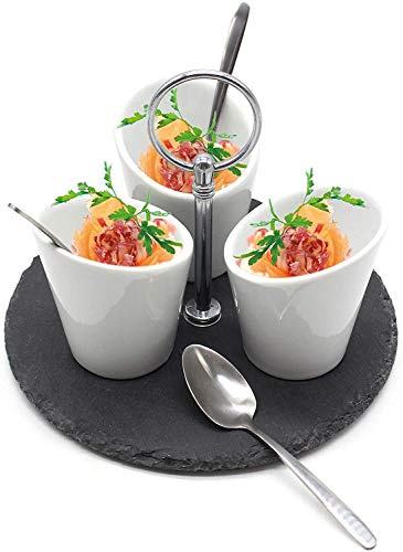 JPH Tapas Dishes Platter Appetizer Dips Serving Set Ceramic Nibble Cups Slate Disk Stainless Steel Spoons