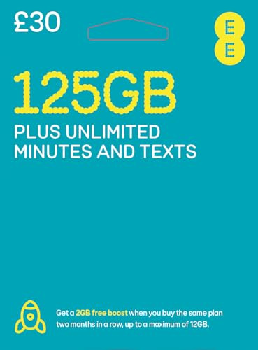 EE 125 GB Daten-SIM enthält £30 Prepaid-Guthaben, 125 GB Daten, unbegrenzte Minuten und unbegrenzte Texte