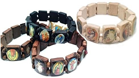 Zonster 4pc Rosaire en Bois Jésus Bracelet Elastic Stretch Bracelet avec des Images Saints Religieux Catholic Dieux Saint-Dieu Déesse Manifestation Déesse Manifestation Manifestation