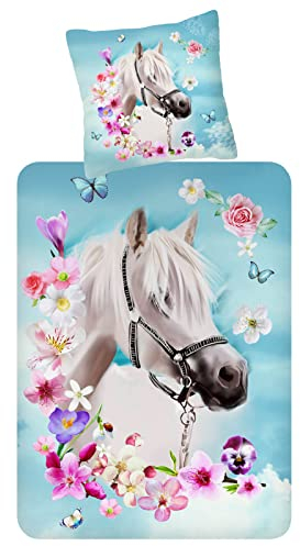 ESPiCO Bettwäsche Trendy Bedding My Beauty Pferd Ross Gaul Blumen Blüten Geblümt Bunt, Größe:135 cm x 200 cm