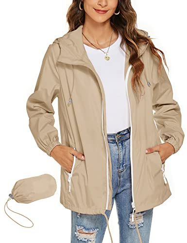 Rapbin, Giacca impermeabile da donna leggera impermeabile giacca a vento sottile impacchetabile, da viaggio, per bicicletta, giacca a vento, cachi, XXL
