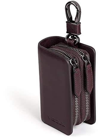 VISOUL Echt Leder Autoschlüssel Abdeckung Schlüsseltasche Auto Schlüssel Anhänger Antik Vintage Doppelter Reißverschluss Karabienerhacken Tasche (Kaffee)