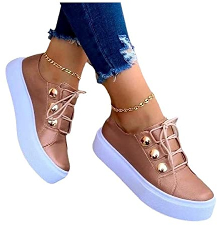 ilbcavne Femme Basse Basket Chaussures à Bout Rond DéContractéEs Caoutchouc Plateforme Loafers sans Lacets Mocassins de Marche Sport Travail Casual Sneakers(Size:EU36,Color:Or Rose)