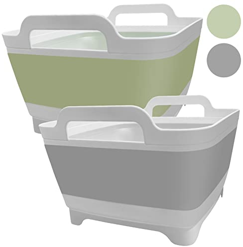Ikaufen 2PCS Dishpan for Washing Dishes, 9L(2.4Gallon) Collapsible Wash Basin with Drain Plug Carry Handles, Collapsible Bucket for Cleaning, Vegetable Washing, RV(Green + Grey)