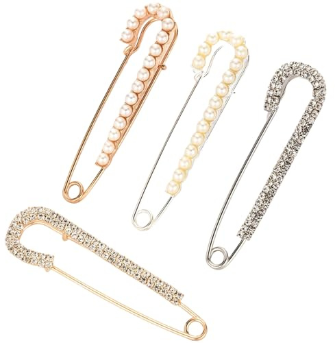 Norhogo 4 Stück Brosche, Sicherheitsnadel Perlen, Faux Kristall schleppennadel, Damen Brosche Nadel Pullover Schal Clips, Groß Broschennadeln Perlen für Damen, 2 Stilen Gold und Silber