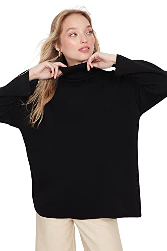 Trendyol Pull Oversize uni à col roulé Maillot de survêtement, Noir, M Femme